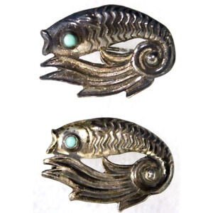 Set of 2 Matching Taxco Vintage 925 Sterling Silver Turquoise Eye Fish Brooches